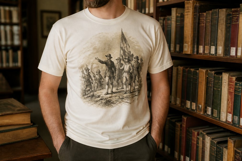 A close-up shot of a person wearing a vintage-style t-shirt with a historical graphic, standing in a library or archive room with bookshelves in the background