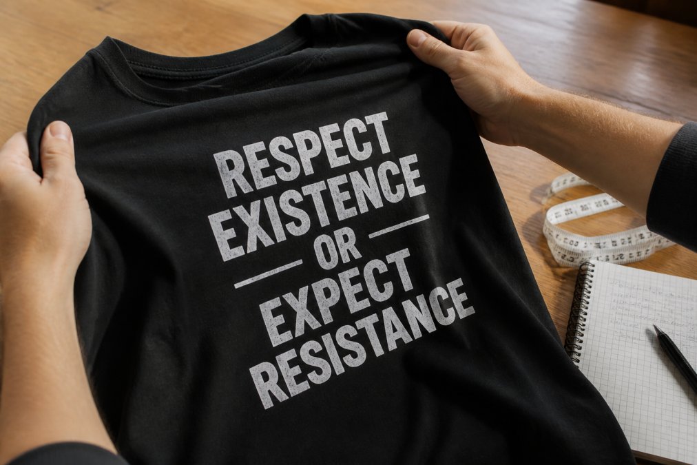 Close-up of hands holding a black graphic t-shirt up to natural light, showing the fabric texture and a printed political slogan, with a measuring tape and notebook on a wooden table nearby