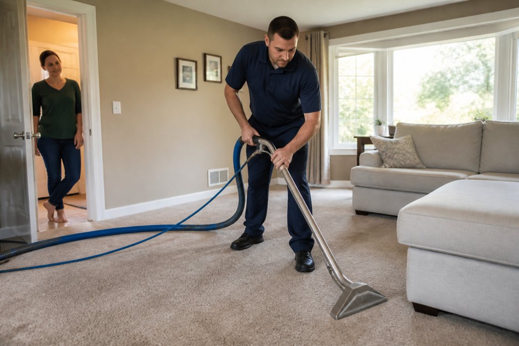 A carpet cleaning technician in a navy uniform guiding a wand across a beige living room carpet, homeowner watching from a doorway, soft afternoon light through a bay window in a New Jersey home
