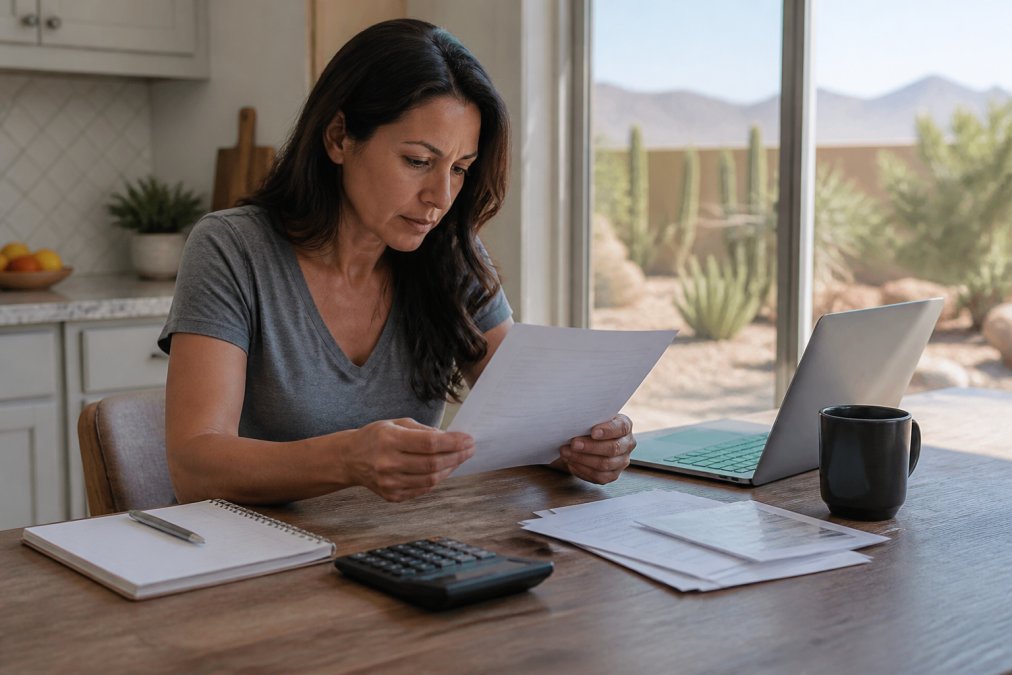 A homeowner reviewing insurance documents at a kitchen table with a laptop, calculator, and coffee mug, with desert landscaping visible through a window