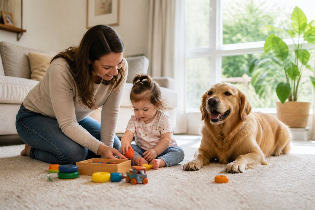 A parent kneeling on a clean living room carpet with a toddler and a golden retriever nearby, sunlight coming through the window, toys scattered on the floor