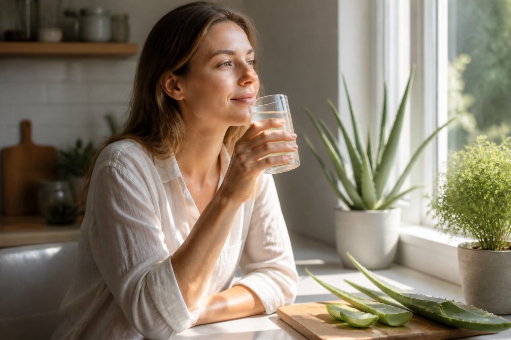 Person holding a glass of clear aloe vera juice, sitting comfortably at home by a bright window with a peaceful expression, natural lighting streaming across the kitchen counter