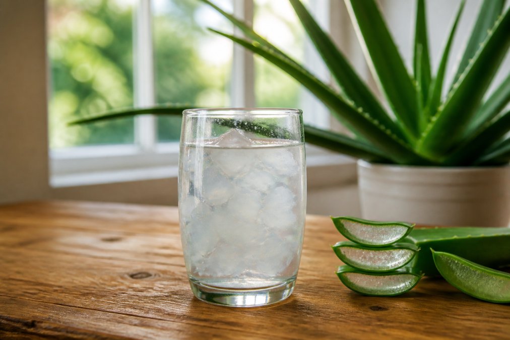 Glas med klar aloe vera-drik på træbord med hele aloe vera-plante i baggrunden, naturligt dagslys gennem vindue