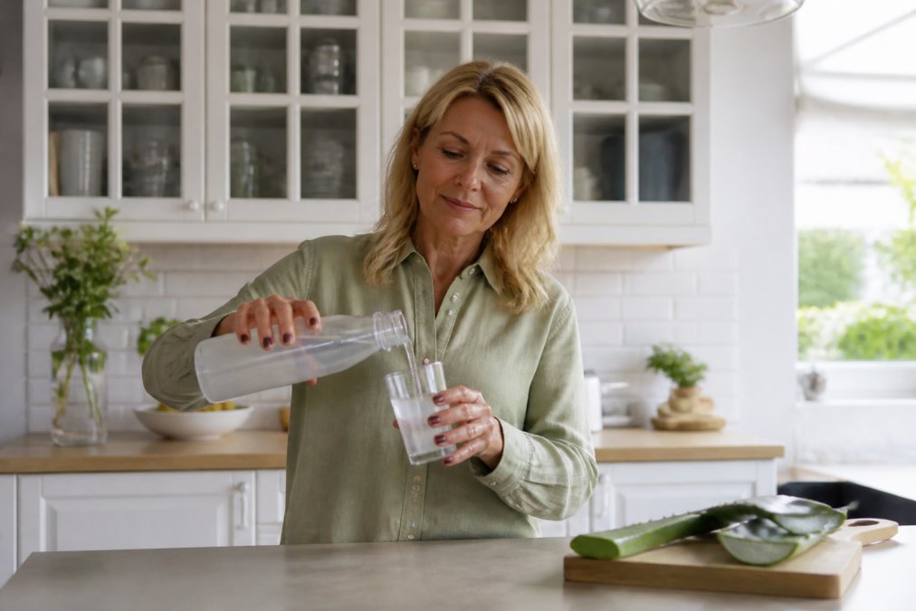 Person hælder klar aloe vera-drik i glas i lyst køkkenmiljø, viser daglig forberedelse og rutine