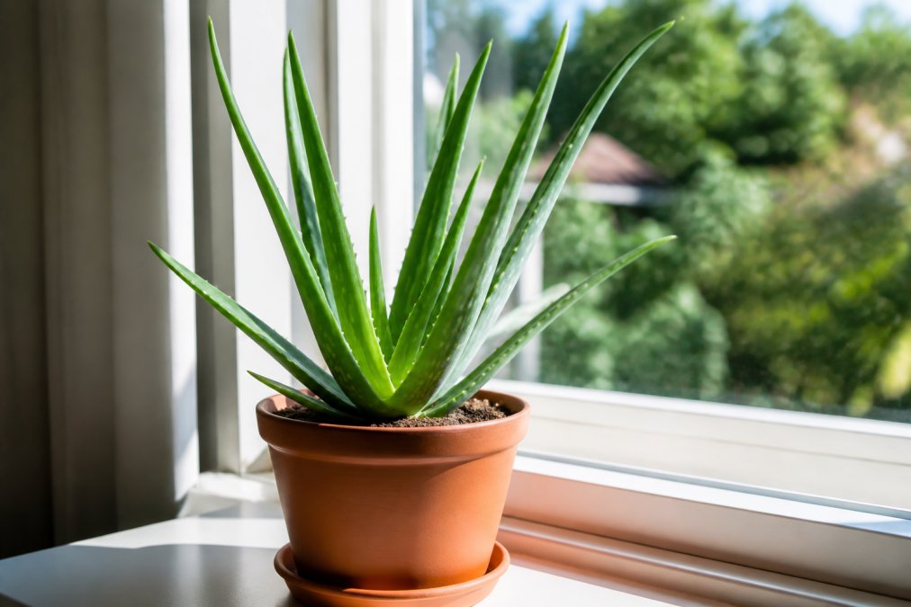 En sund, fuldt udviklet aloe vera plante i en terrakotta potte ved et vindue med naturligt sollys, med tykke, grønne kødfulde blade