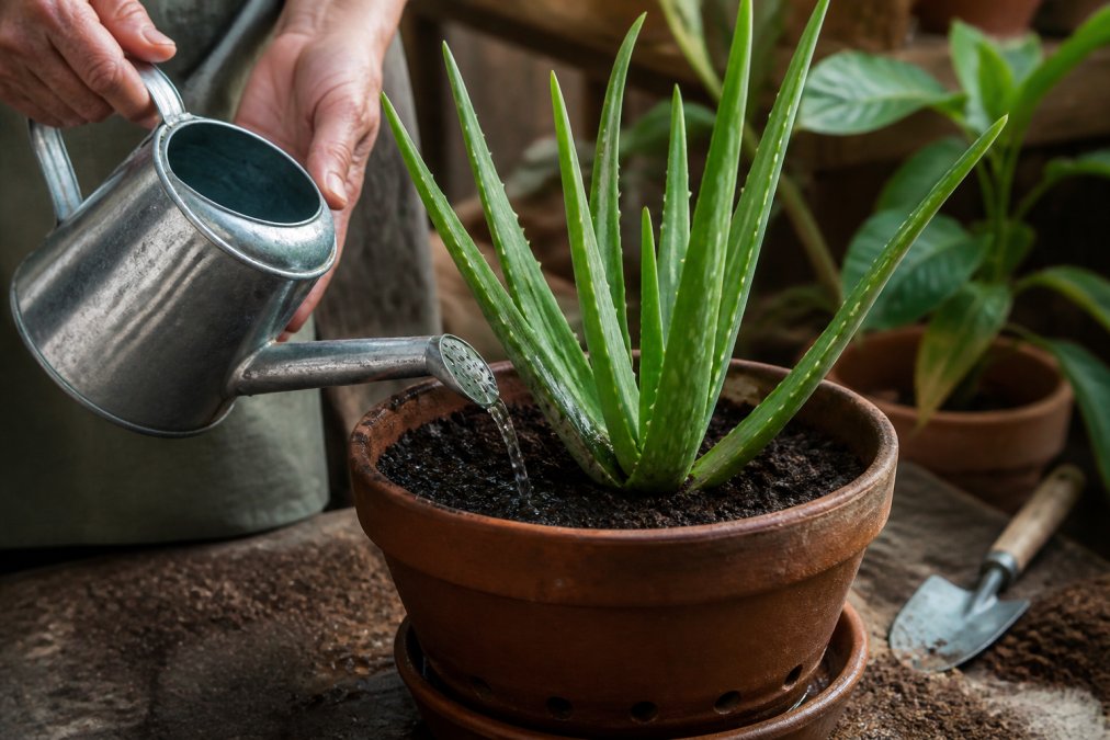 Hænder, der forsigtigt vander en aloe vera plante fra en vandkande, jorden omkring planten vises med dræn i bunden