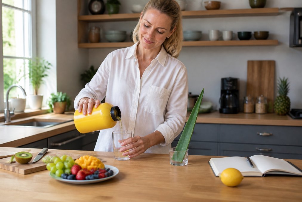 Person i et lyst køkken forbereder en aloe vera kur med frisk frugt og en notesbog til daglig registrering