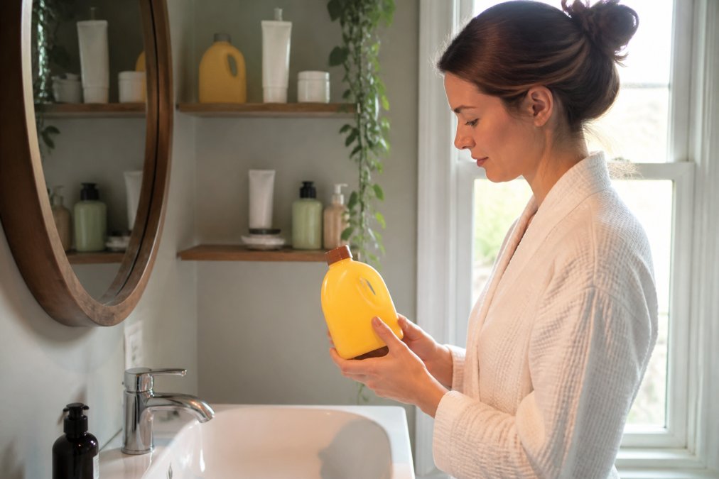 Morgenrutine scene med person der holder Forever Aloe Vera gel flaske ved vasken med naturligt lys gennem vinduet, produkter på hylder