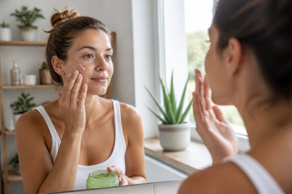 Person applying aloe vera gel to face in bright bathroom with fresh aloe plant visible on windowsill