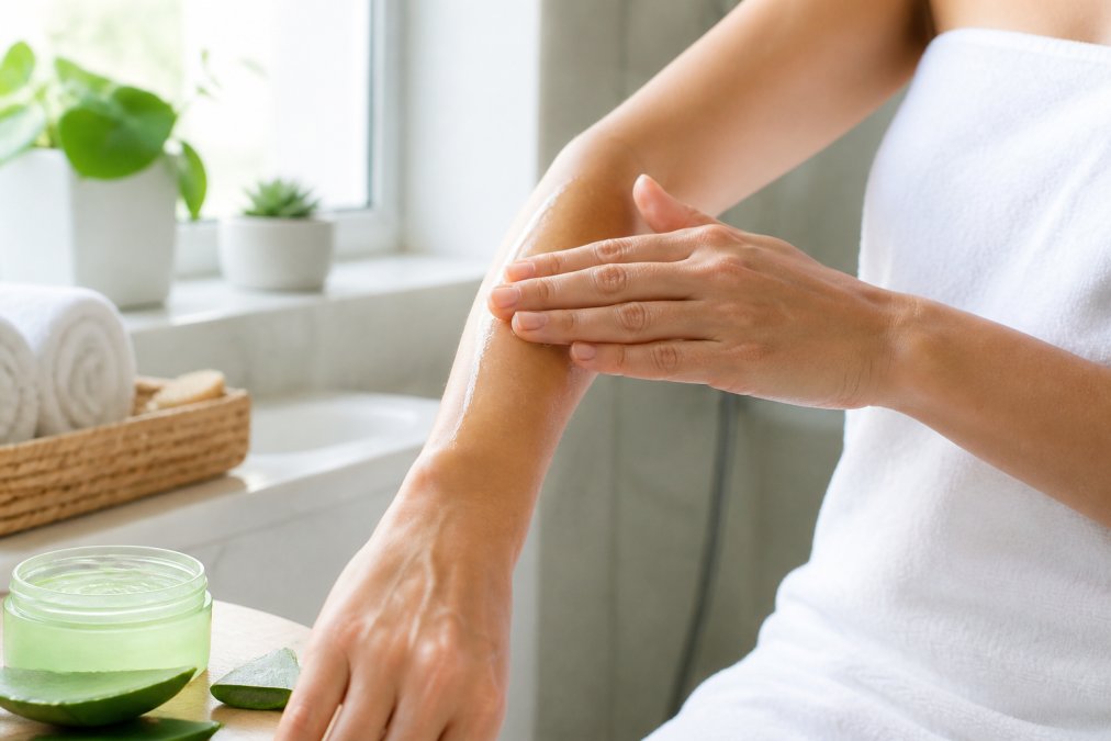 Close-up af hænder, der forsigtigt masserer klar aloe vera-gel ind i underarmen i et lyst badeværelse med morgenlys fra vinduet