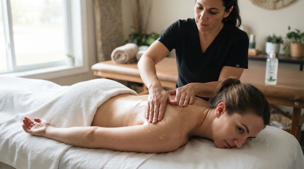 Terapeut påfører klar aloe vera gel på patientens skulder under massage, med naturligt lys der viser gelens gennemsigtighed og tekstur