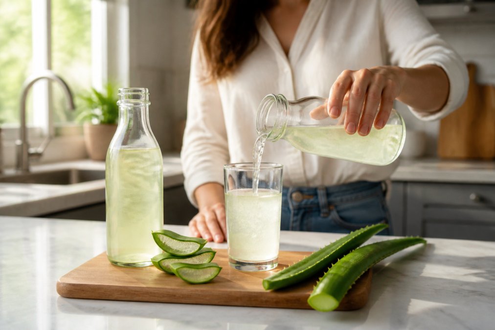 A person pouring aloe vera gel drink into a glass in a bright kitchen, fresh aloe vera leaves and a glass bottle on the counter, morning light through the window