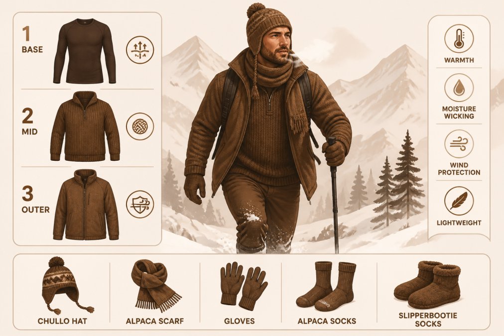Person wearing complete alpaca layering system outdoors in snowy alpine environment, showing fitted base layer, thick mid-layer sweater, and outer alpaca jacket, actively moving through snow with visible breath