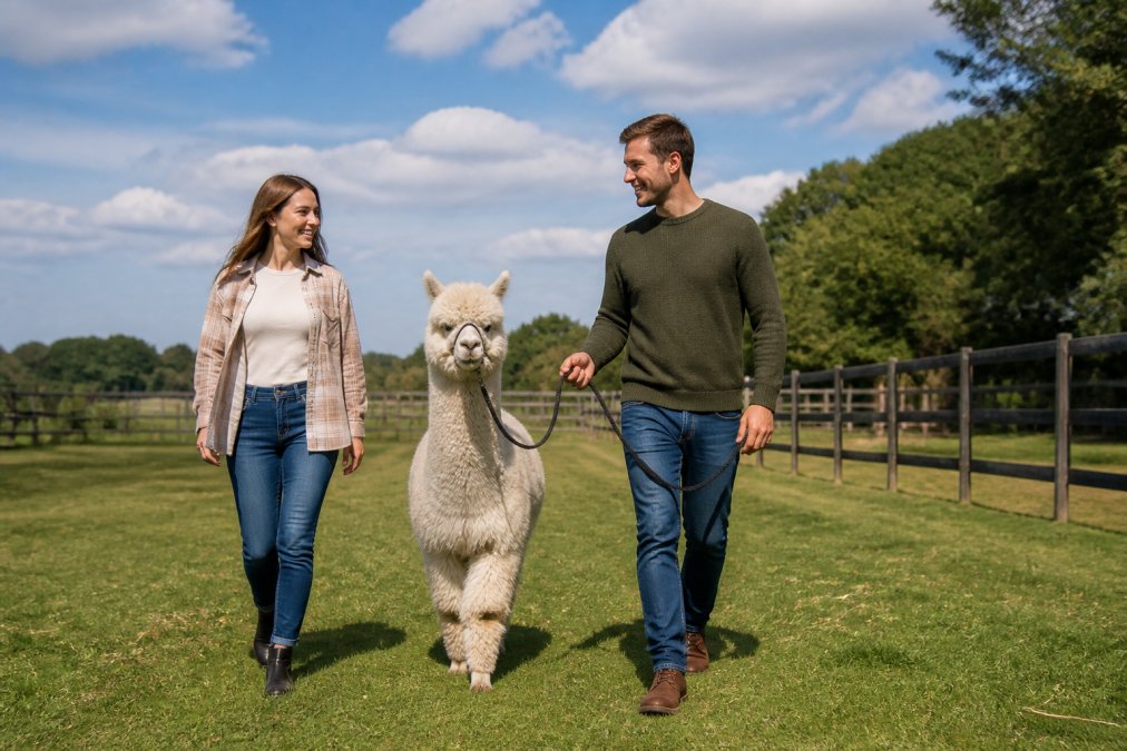 Professional illustration showing smiling and couple and walking concepts for alpaca farm tours