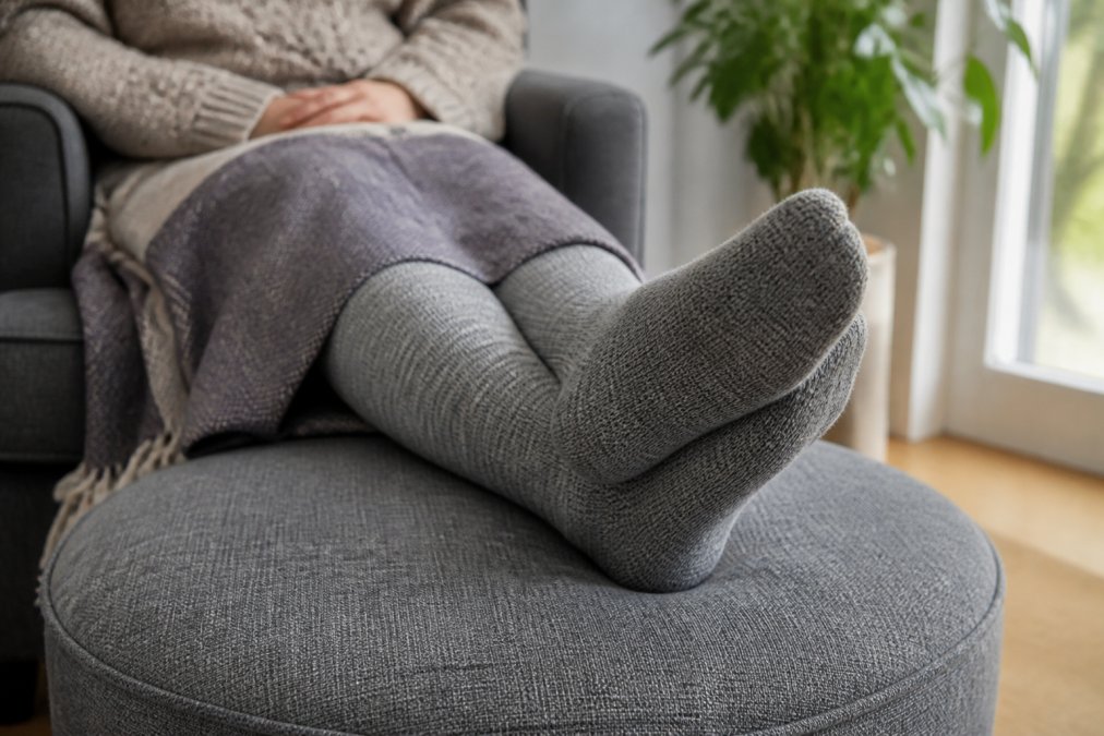 Person sitting comfortably with feet elevated on a cushion, wearing soft alpaca compression socks, showing the luxurious texture and snug fit of the material