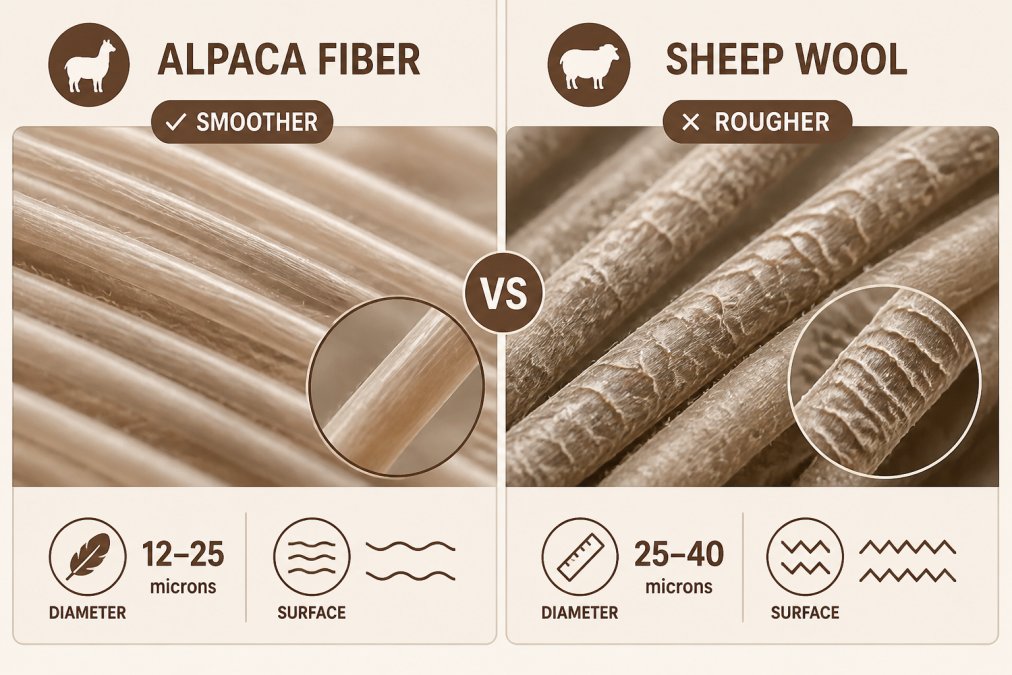 Close-up macro photography of alpaca fiber strands displayed next to sheep wool strands under bright natural lighting, clearly showing the smoother surface texture and finer diameter of alpaca fibers compared to the rougher, more scaled sheep wool fibers