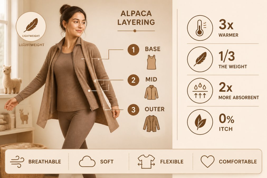 Person wearing multiple lightweight alpaca layers in a calm, naturally lit indoor setting, demonstrating comfortable layering for warmth and comfort without bulk, showing the ease of movement and fit of alpaca clothing