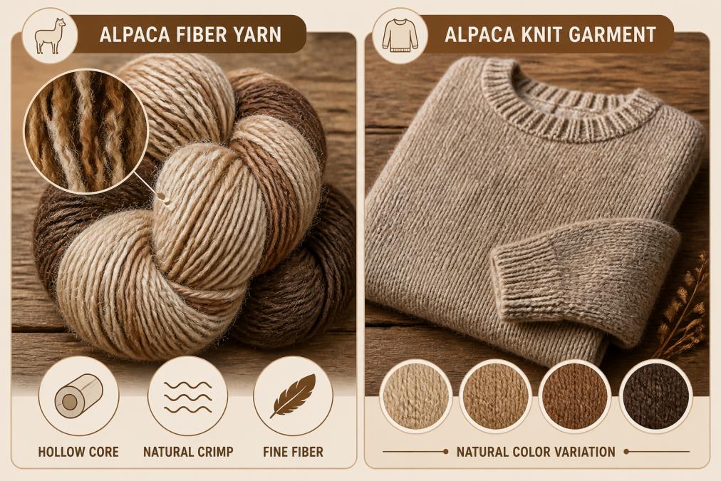 Close-up of natural alpaca fiber yarn and a finished alpaca knit garment side by side on a rustic wooden surface, showing the texture, crimp, and natural color variation of the raw and processed fiber