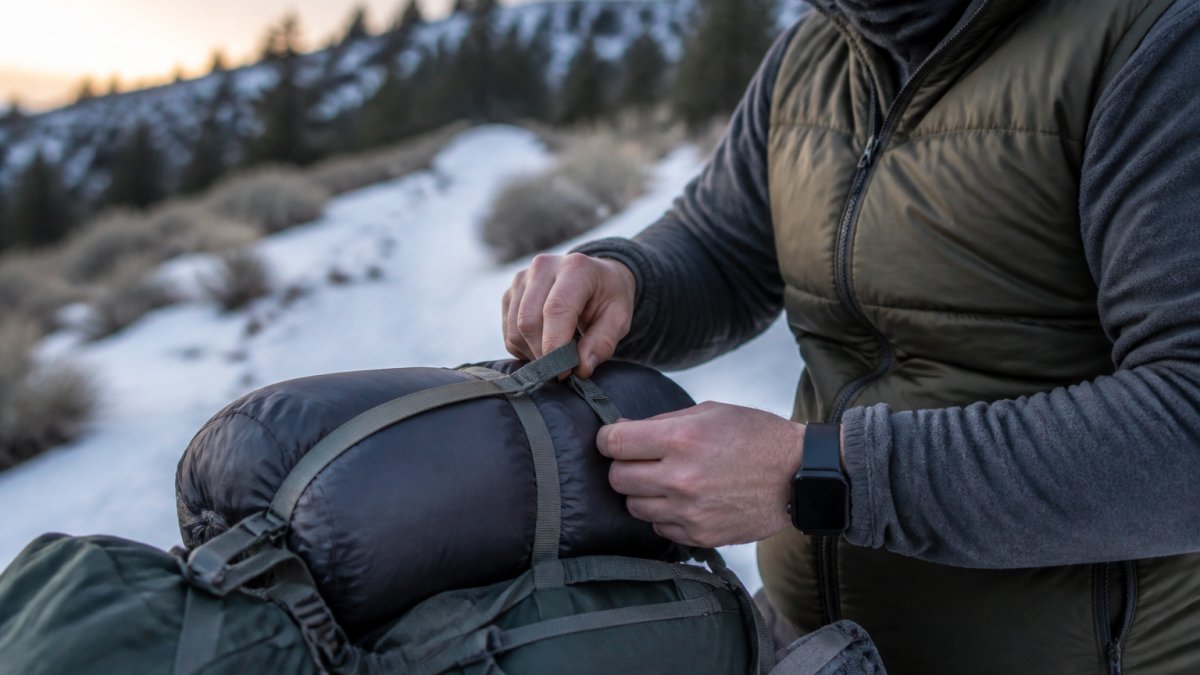 A hiker in a light puffer vest and beanie resting on a snowy trail, with a compressed sleeping bag strapped to a backpack, cold blue winter light