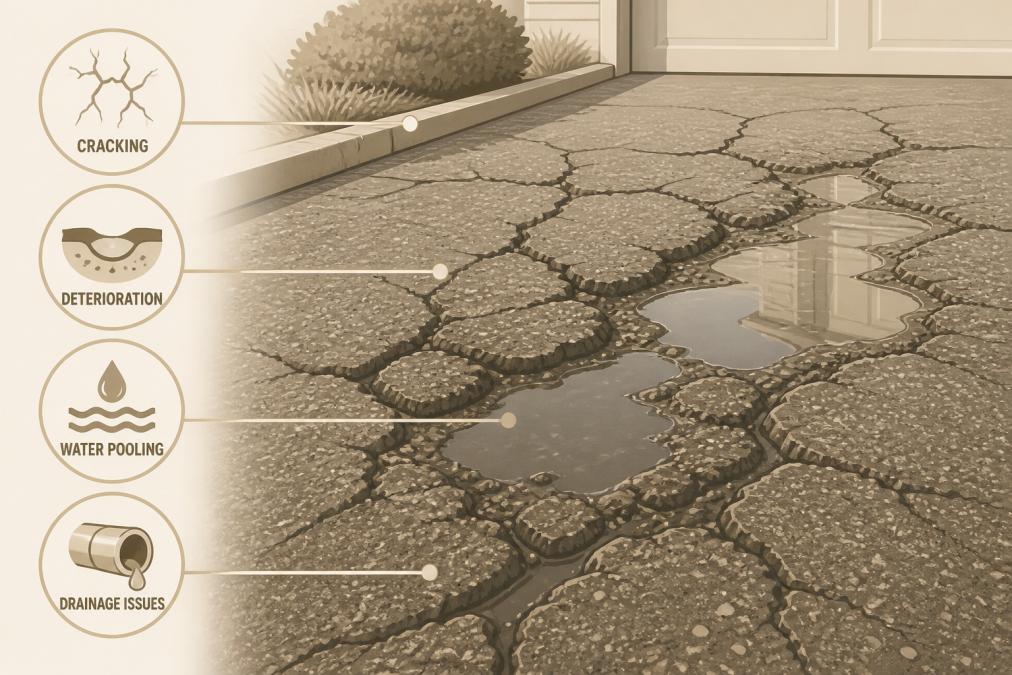 Close-up of a cracked asphalt driveway with visible deterioration and water pooling in the cracks, showing drainage problems in bright sunlight