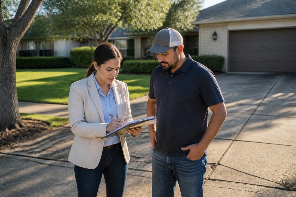 Property manager reviewing a contract and taking notes while discussing specifications with a contractor standing on a residential driveway in afternoon sunlight