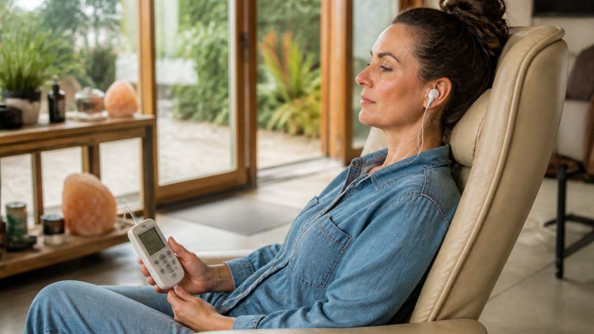Person sitting comfortably in a clinical chair with small electrodes attached to earlobes, holding the Alpha-Stim handheld device, demonstrating proper positioning and relaxed posture during treatment
