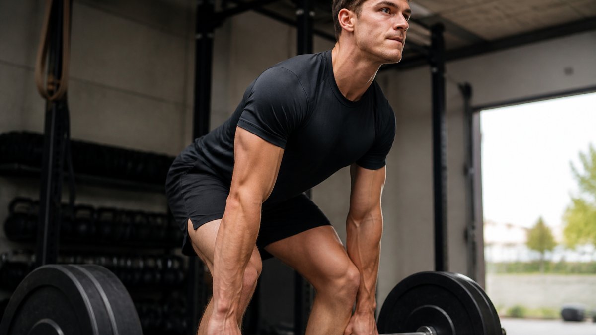 A serious athlete in a gym setting, wearing dark athletic shorts and a fitted top, mid-lift with a barbell, focused expression, realistic lighting