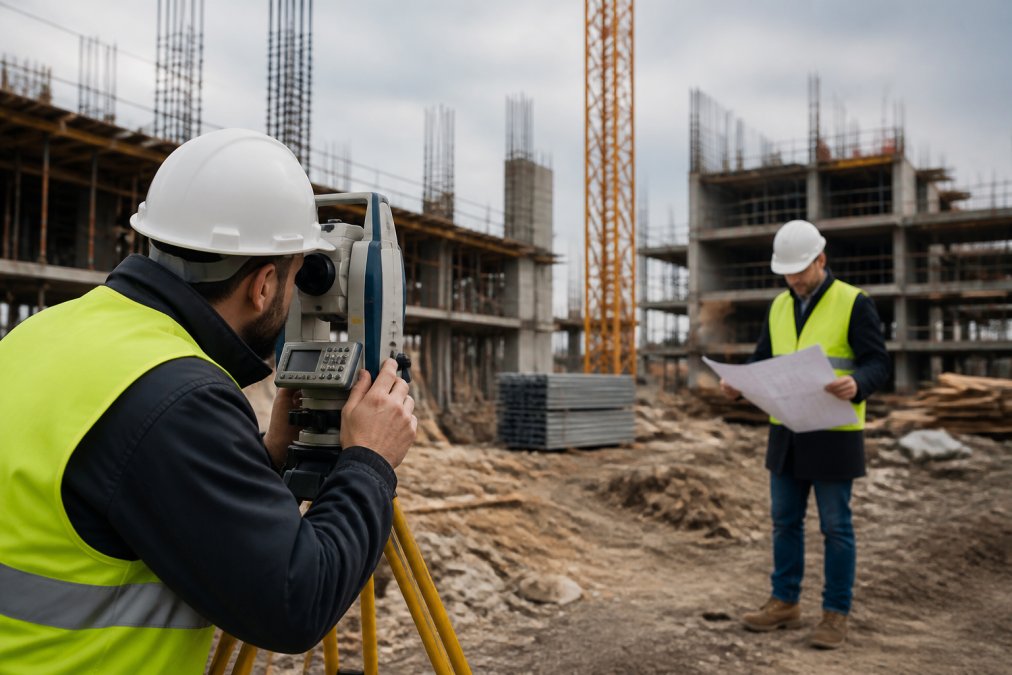 A surveyor in a hard hat and safety vest using a total station on a large commercial construction site, with a developer reviewing plans in the background