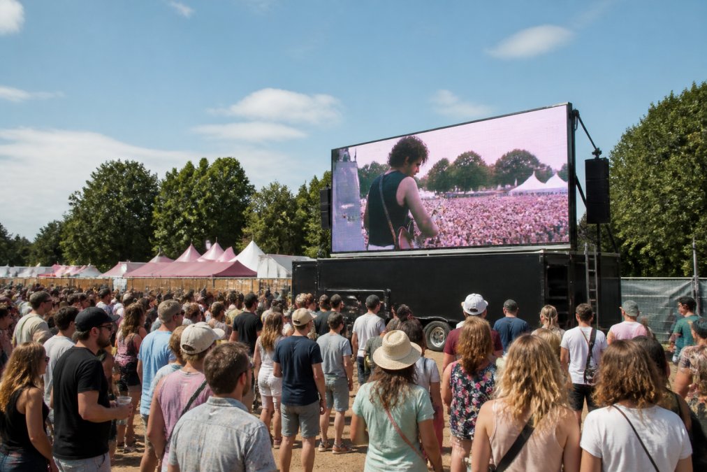 Een grote mobiele LED-aanhangwagen met helder verlicht scherm opgesteld op een druk Belgisch zomerfestival, met een menigte toeschouwers die live beelden bekijkt in fel daglicht, groene weiden op de achtergrond