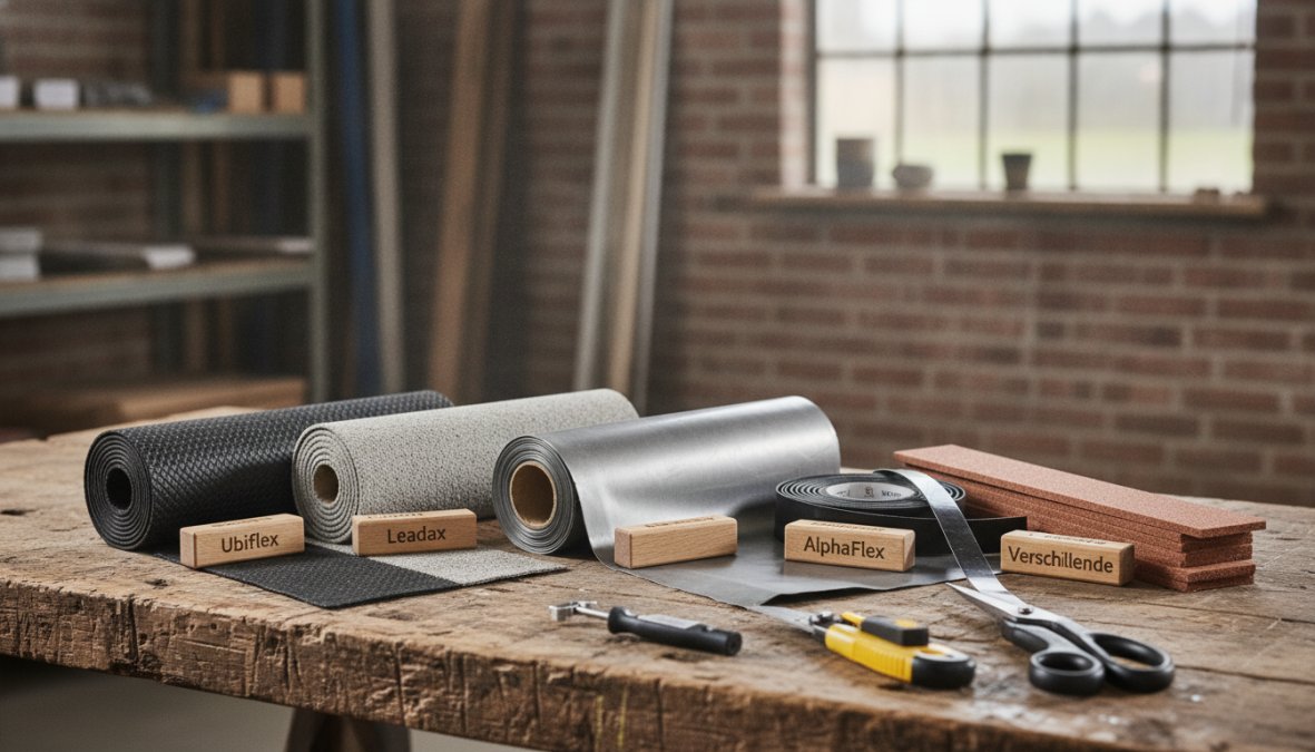 Verschillende rollen moderne loodvervangers naast elkaar op een werkblad, met duidelijk zichtbare textuur en kleurverschillen tussen bitumen, PVB en EPDM materialen in grijs, zwart en rood