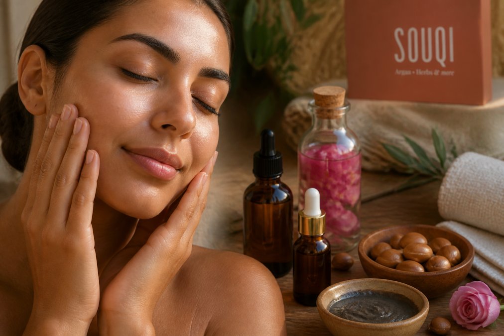 Close-up van iemands gezicht met natuurlijke glow, omgeven door biologische producten zoals glazen flesjes arganolie en rozenwater op een houten oppervlak