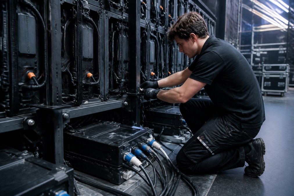 Technische medewerker die LED-schermapparatuur installeert op een evenement, met zichtbare kabels, voedingsboxen en stalen montagesteunen onder professionele werkverlichting