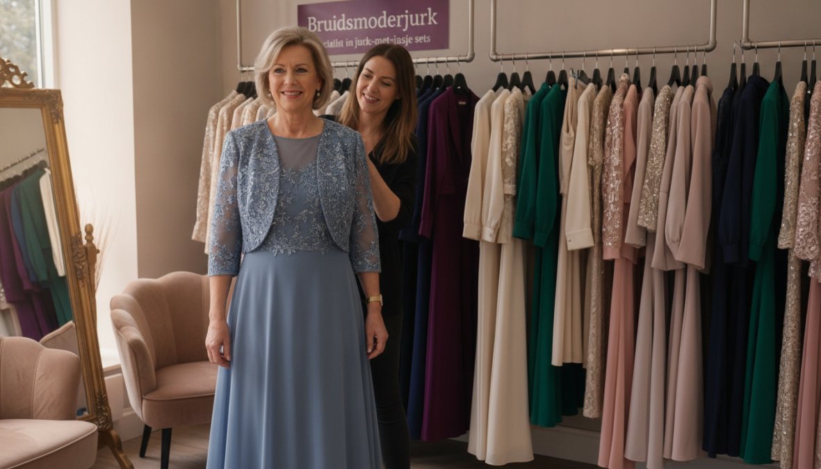 Vrouw in elegante feestelijke jurk met bijpassend jasje, staande in een boetiek met warme verlichting en kledingrekken op de achtergrond