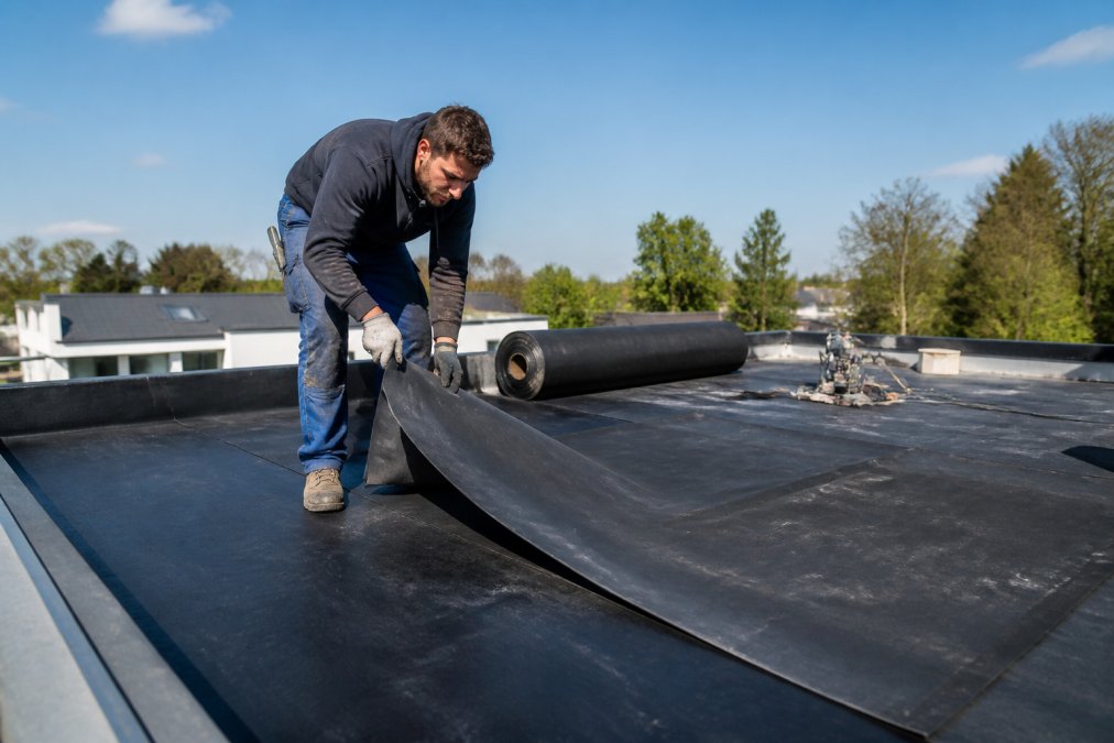 Een professionele dakdekker rolt een groot EPDM-dakvel uit over een plat dak, met op de achtergrond een opgerolde rol dakbedekking en installatiegereedschap onder een heldere hemel