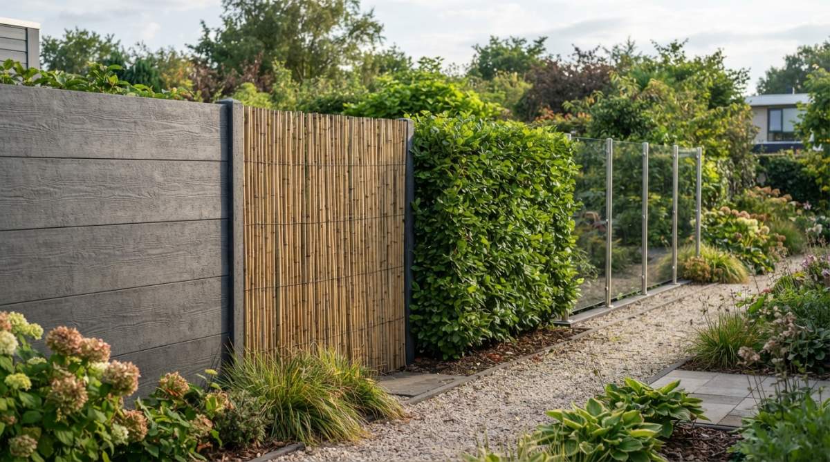 Een tuin met verschillende soorten schuttingen naast elkaar zichtbaar: betonnen panelen met moderne textuur, bamboe schermen in natuurlijke tint, groenblijvende haag met klimop, en glazen afscheiding die zonlicht doorlaat, allemaal in een Nederlands tuinlandschap met natuurlijk daglicht
