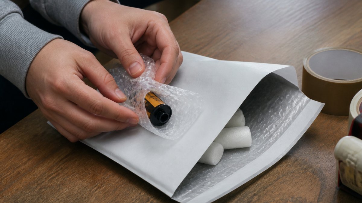 A carefully packed film roll in a protective envelope with bubble wrap for safe shipping.