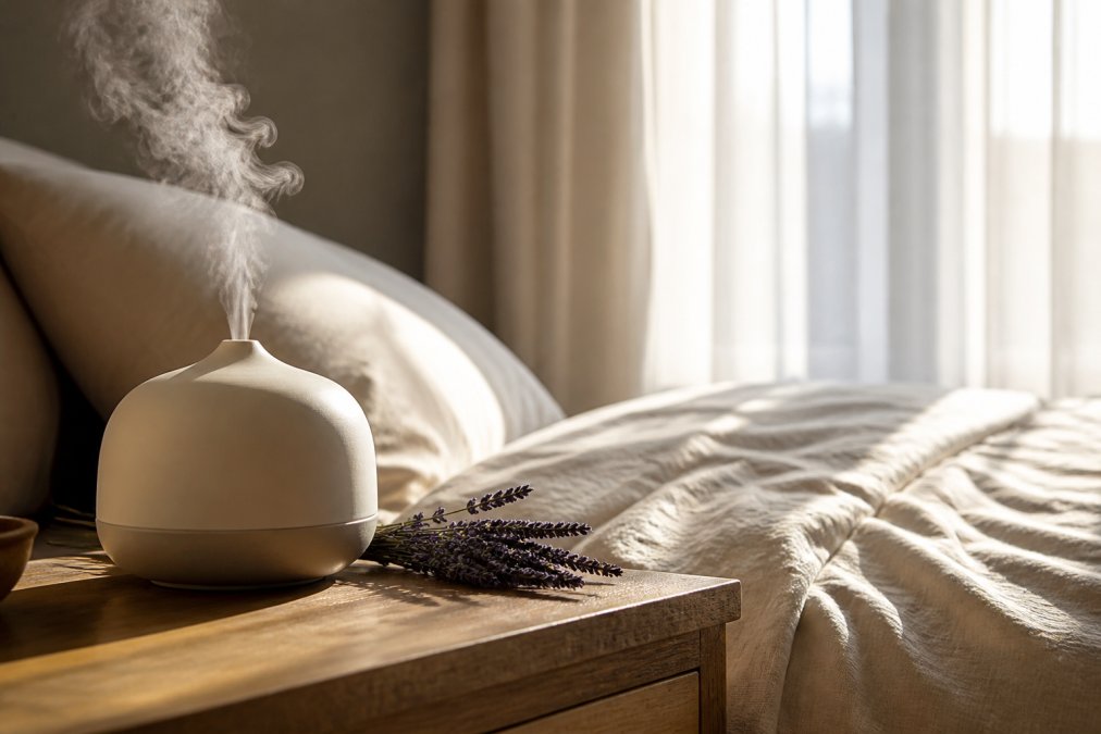 Een serene slaapkamer in de ochtend met zacht licht door vitrage, een keramische diffuser op het nachtkastje met een fijne nevel, en enkele takjes verse lavendel ernaast