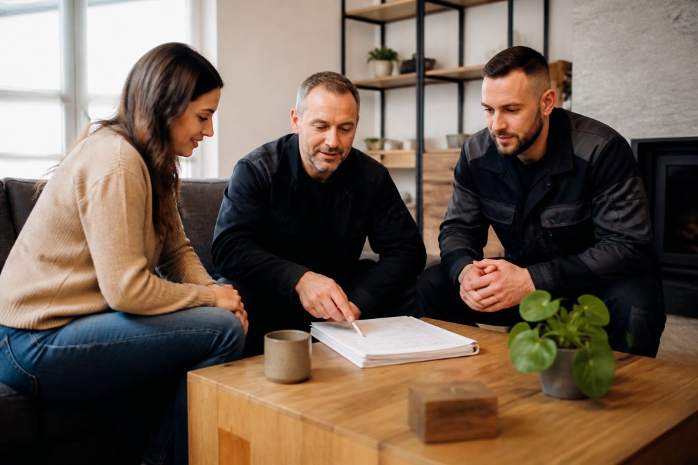 Twee vakmannen die een offerte bespreken met een huiseigenaar in de woonkamer, met duidelijke communicatie, vertrouwen en een offertedocument zichtbaar op tafel, warme huiselijke sfeer