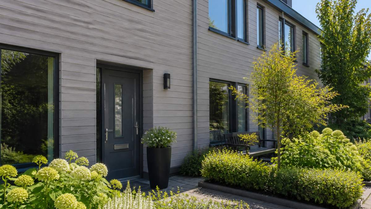 Moderne rijwoning met horizontale grijze composiet gevelbekleding en een verzorgde voortuin bij daglicht