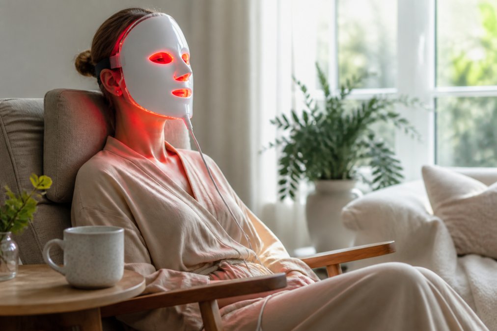 Vrouw thuis die ontspannen zit met een rood lichttherapie-apparaat op haar gezicht, kopje thee op de tafel naast haar, natuurlijk licht van het raam