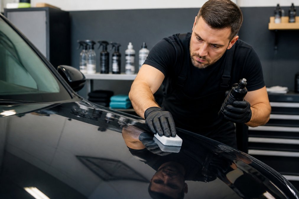 Professionele autodetailer brengt wax aan op glanzende autolak met microvezel applicator, met flessen beschermingsproducten op de achtergrond
