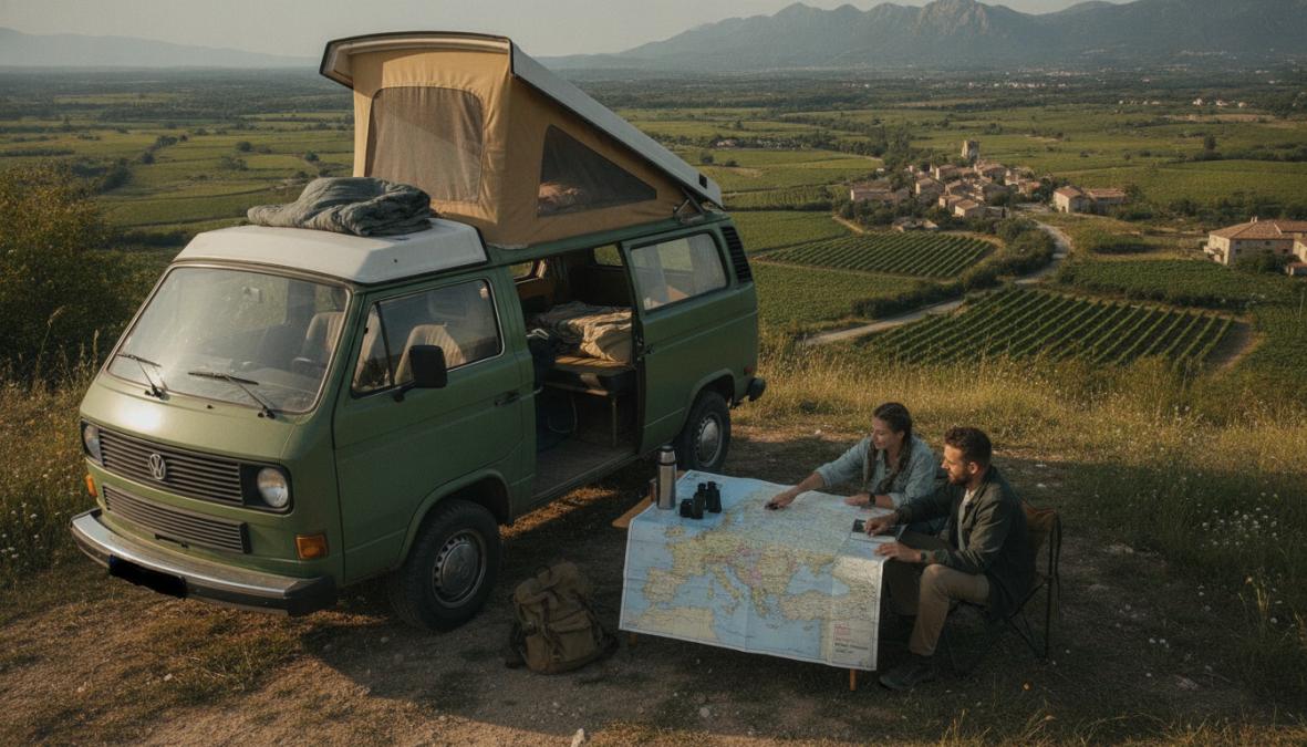 Een groep reizigers in een auto op een schilderachtige Europese route met bergen en landwegen op de achtergrond, zonnig weer, vrolijk moment