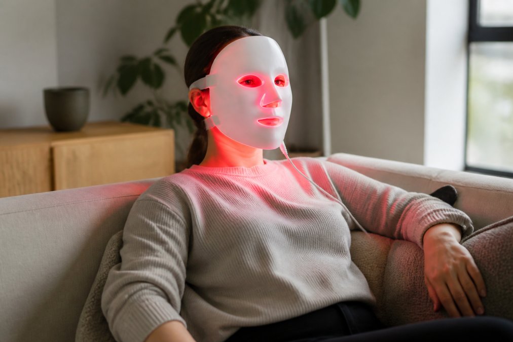 Persoon die ontspannen op de bank zit terwijl hij de 7 Color PDT lichttherapie gezichtsmasker draagt met zacht licht dat zijn gezicht verlicht