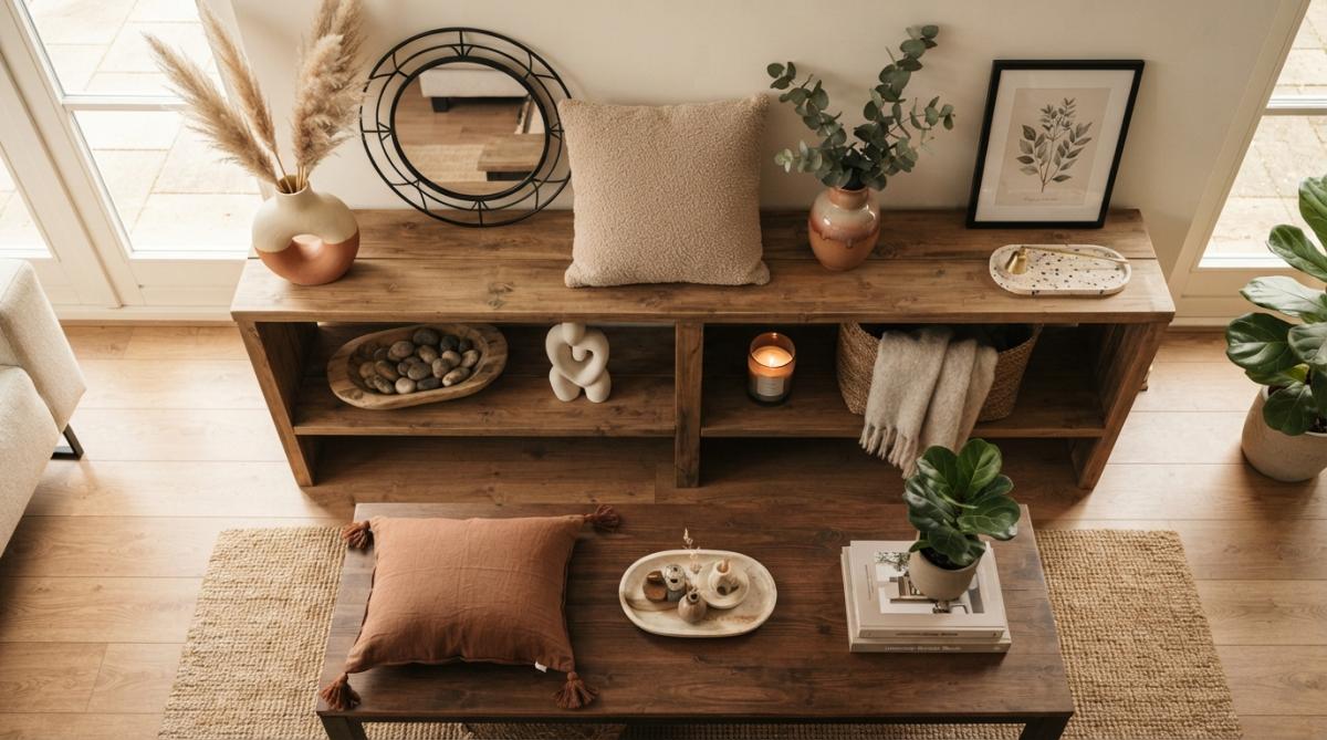 Overhead view of a styled living room shelf displaying a curated collection of woondecoratie items including ceramic vazen, decorative bowls, patterned sierkussens, and ornamental mirrors arranged with warm ambient lighting from a window