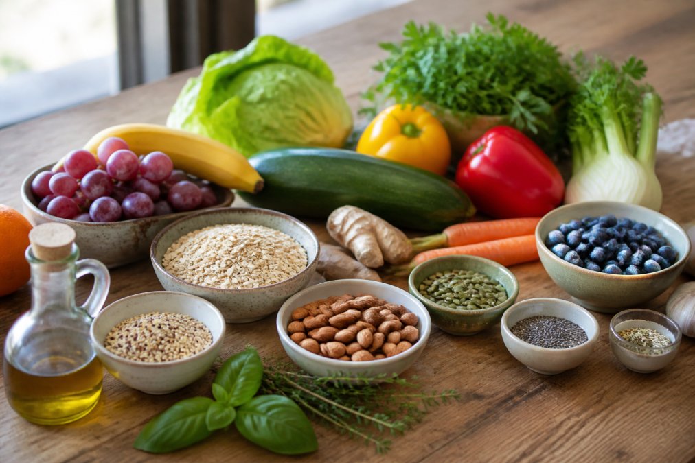Verse groenten, fruit en granen op een houten tafel als alternatieven voor medicatie bij SIBO in natuurlijk daglicht