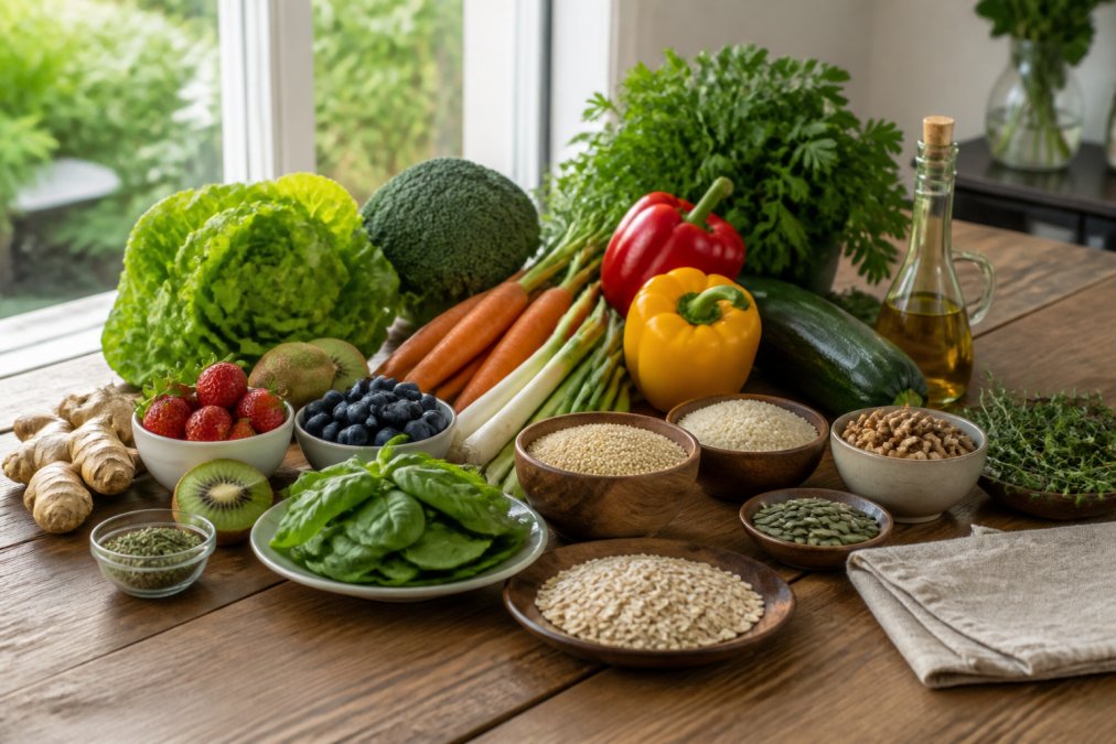 Verse groenten, fruit en granen op een houten tafel als gezonde alternatieven voor medicatie bij SIBO in natuurlijk licht.