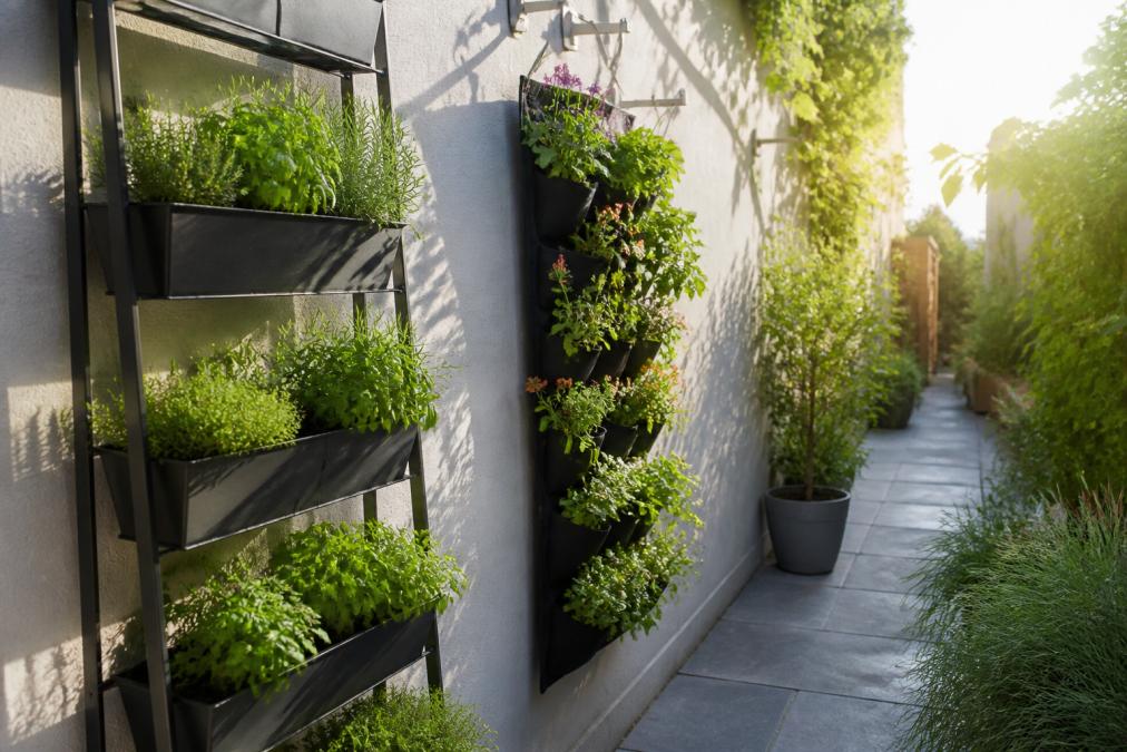 Verticale plantenrekken en modulaire hangzakken met kruiden en bloemen tegen een muur in een kleine tuin, zonnig ochtendlicht, geen grondoppervlak gebruikt