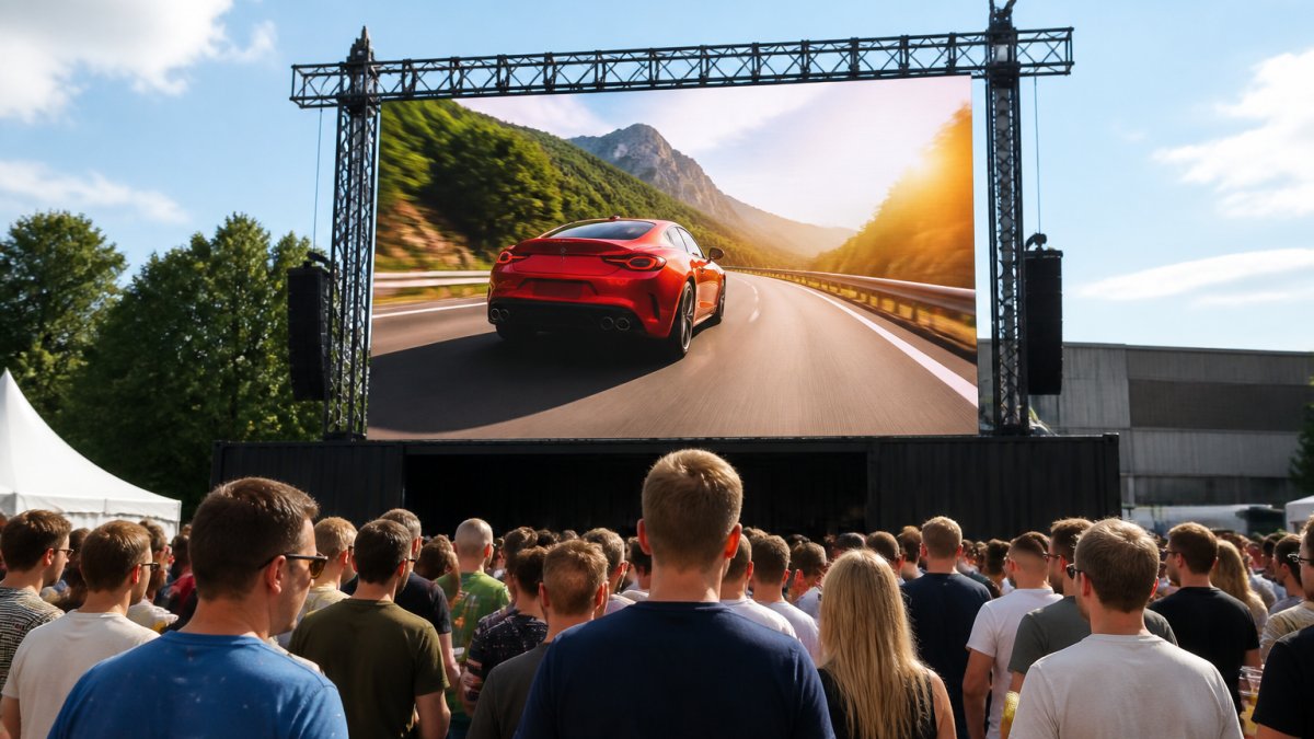 Professional LED-scherm op een druk evenement met levendige reclame-animatie, bezoekers die naar het scherm kijken, helder daglicht met duidelijk zichtbare beelden