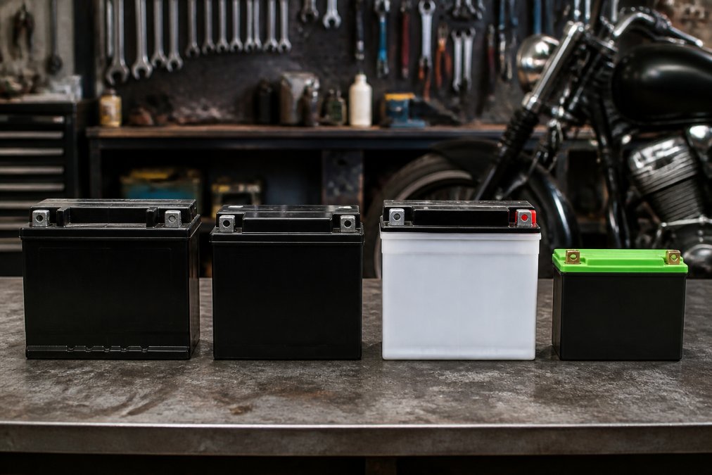 Close-up van vier verschillende motorfiets accu's (lood, AGM, gel en lithium-ion) naast elkaar op een werkbank, met duidelijke labeling en kleurcodes van elk type