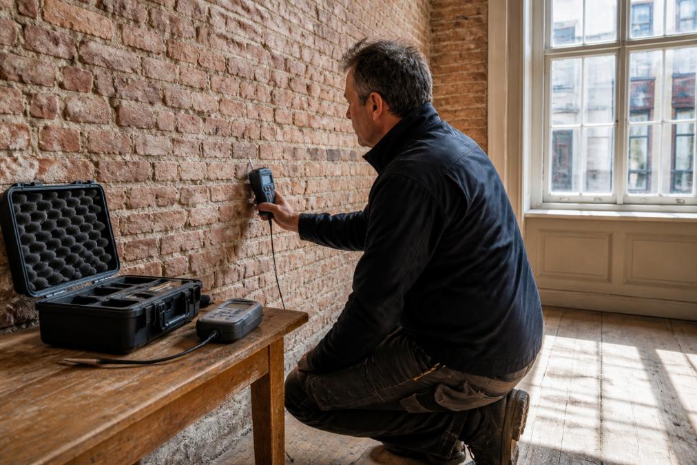 Een bouwfysicus meet met een vochtmeter de wandvochtigheid van een massieve bakstenen binnenmuur in een oud herenhuis, meetapparatuur op een houten tafel, daglicht door een hoog raam